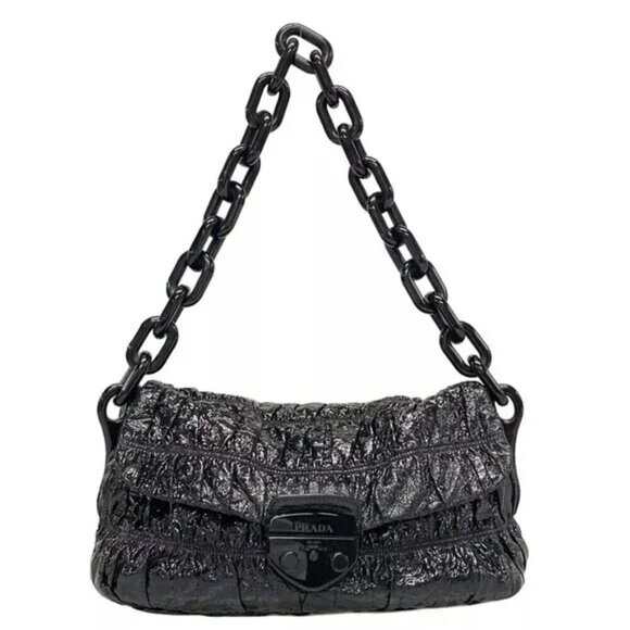 100% Authentic PRADA Gathered Bag Black Patent Leather Shoulder Bag 534-11924 - Picture 1 of 14